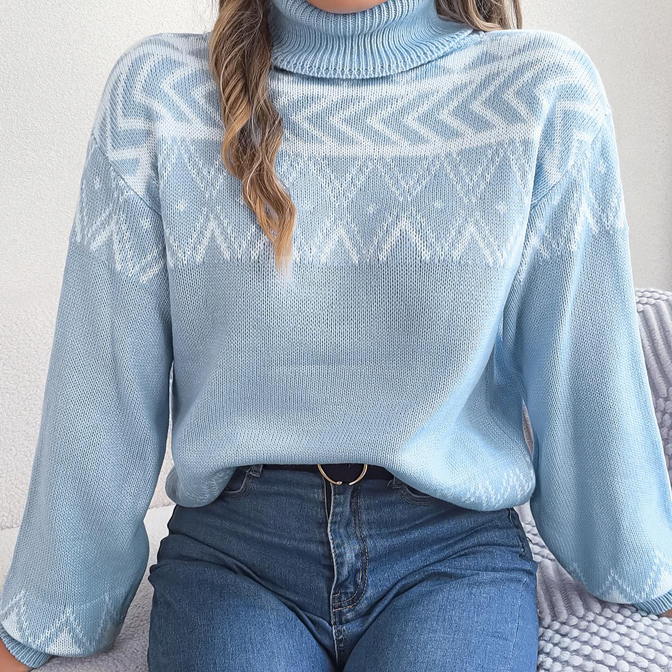 

Женский винтажный жаккардовый свитшот в этническом стиле с рукавами-колокольчиками и воротником-стойкой Женский вязаный свитер S синий