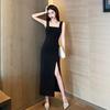 Summer New Fashion Black Suspender Long Dress Slim and Thin Temperament Sexy One-word Collar Split Dress Women's Clothing