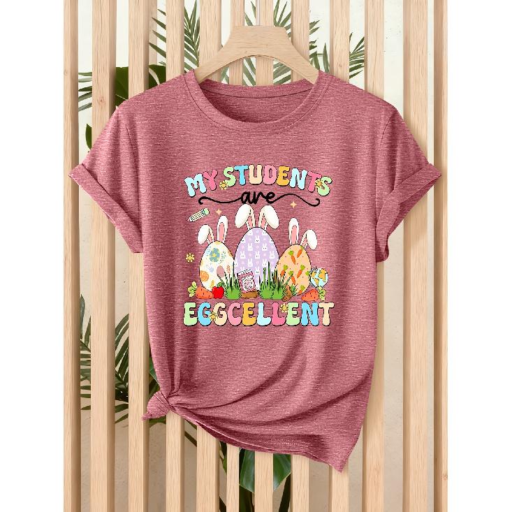 [Follow a Specific Direction] Teacher's Exclusive Easter Lady T Shirt My Students Eggcellent Printing Spring and Summer Easter Celebration and Daily