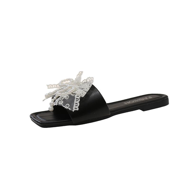 Fashion fairy style pearl bow one-word slippers female summer new casual square head open-toed flat-bottomed slippers female