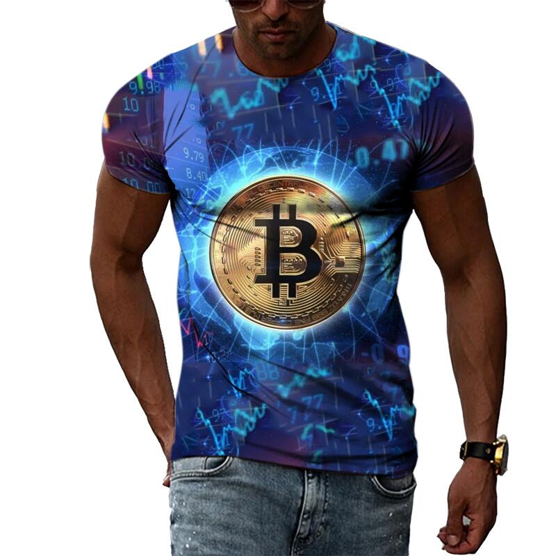 Summer Fashion Abstract Bitcoin 3D Print Tee Hip Hop Harajuku Personality Round Neck Short Sleeve Casual Men's T-shirts