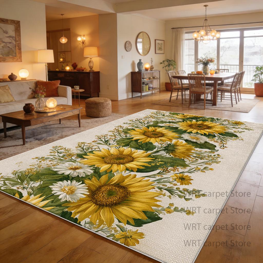Tappeto Grande Stile Pastorale con Motivo Girasoli per Soggiorno Decorazione Piante Tappeti per Area Divano Casa Tappetino Soffice Lavabile per Giardino