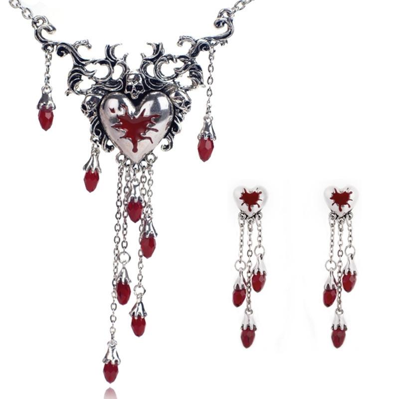 1 Set Niche Design Sense Red Dripping Diamonds Necklace Love Heart Earrings Halloween Christmas Fashion Retro Earrings