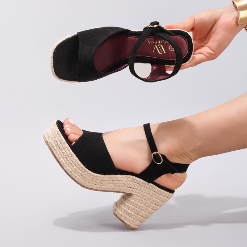 Hemp rope slope heel platform sandals word with casual fashion versatile summer waterproof high heels European and American style super high heel