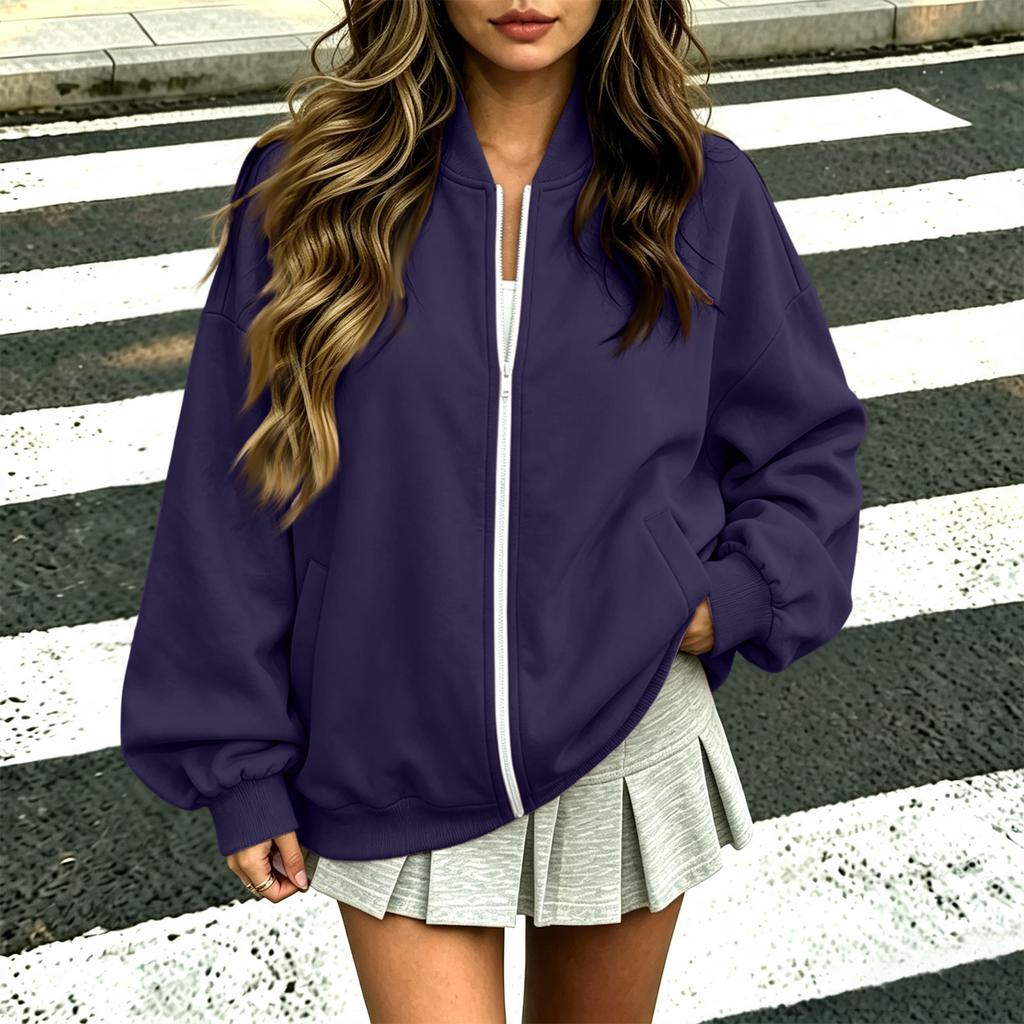 Women's Long Sleeve V-Neck Zip-Up Jacket Loose Fit Color Casual Outerwear