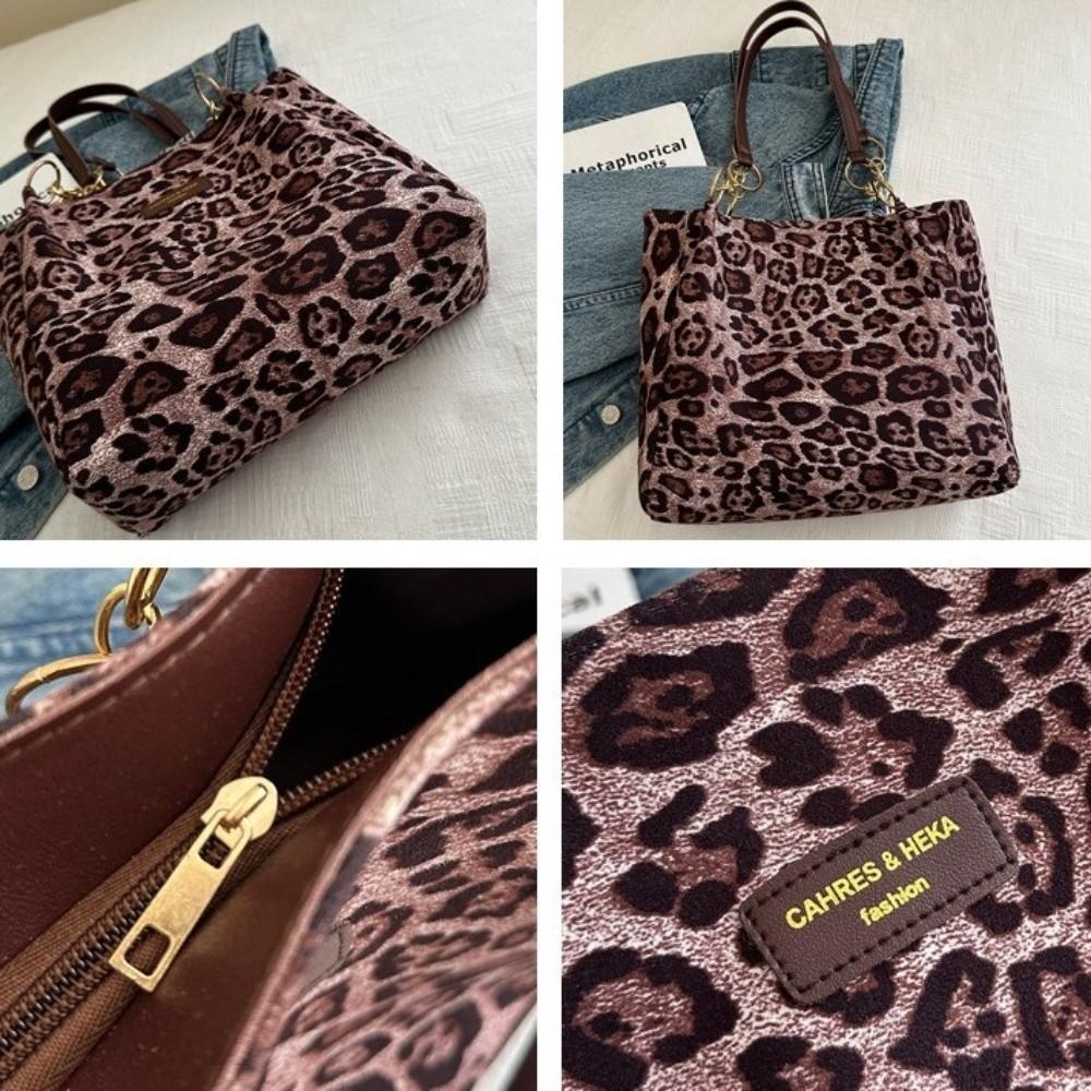 PU Leather Leopard Print Shoulder Bag Zipper Closure Tote Bag Chain Strap Handbag Commuting