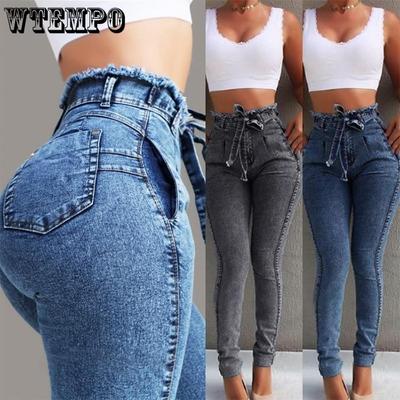 Blugi cu talie înaltă pentru femei, slim stretch, denim, curea, cu ciucuri, bandaj, skinny, cu push-up, îmbrăcăminte pentru femei, 4XL 5XL