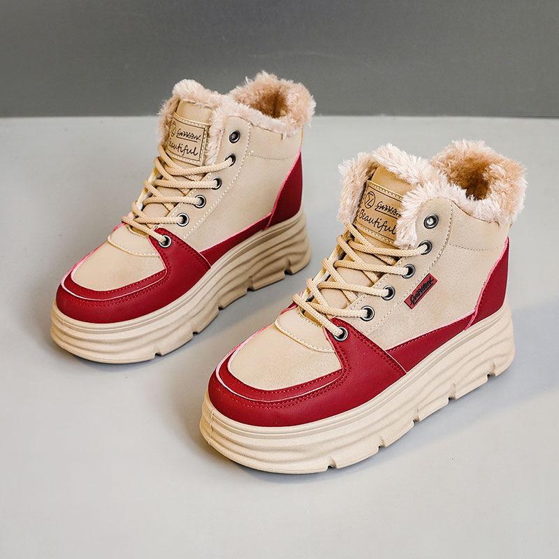 Soft leather high-top shoes women's platform white shoes autumn and winter new velvet thickened warm cotton shoes casual sports shoes