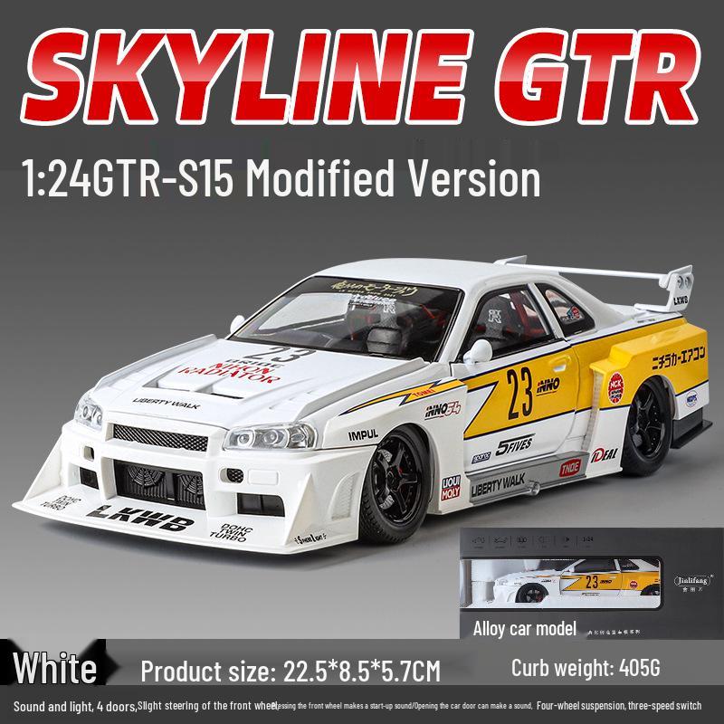1:24 Alloy GTR R34 Model Car Toy with Sound, Light, Openable Doors, Four-Wheel Steering, and Pull-Back Action
