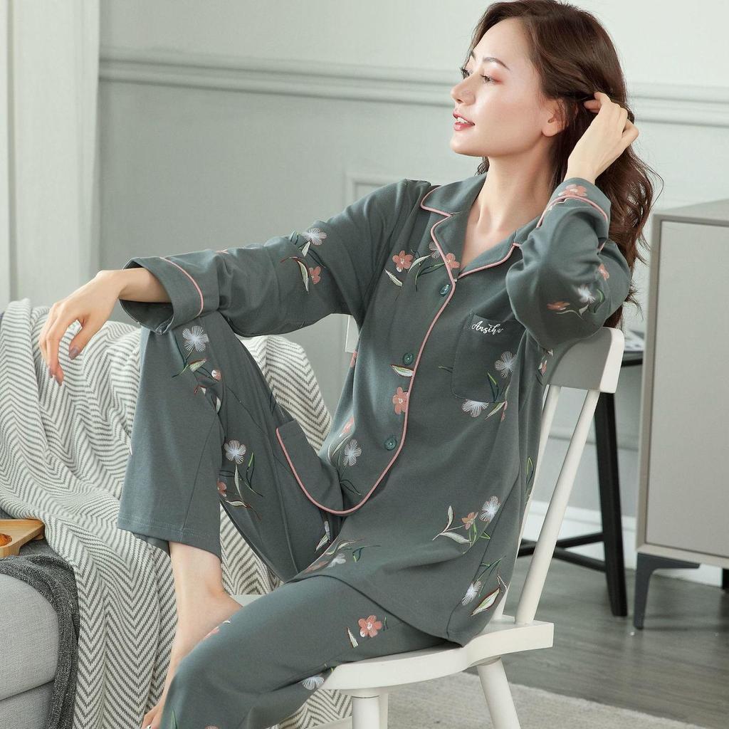 Pigiama da donna in cotone a maniche lunghe per mezza età e anziani - Cardigan ampio per l'autunno