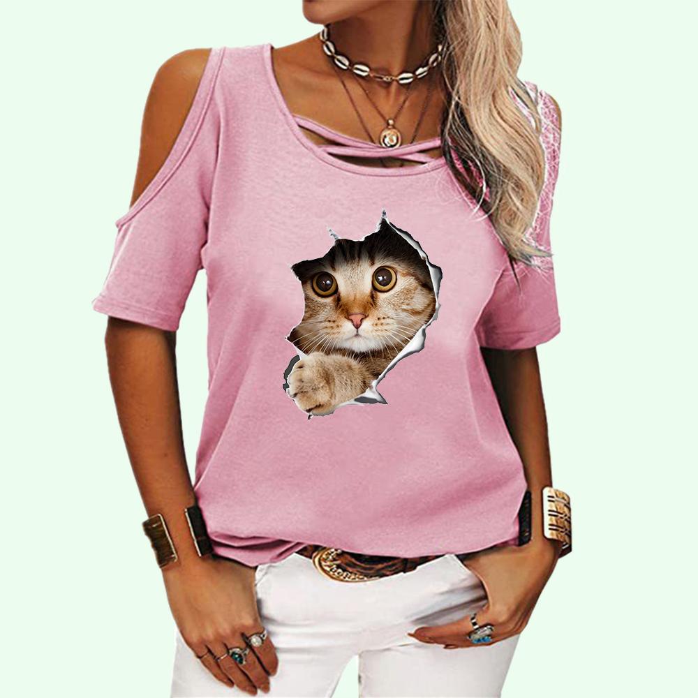 Frauen Mode Off Schulter T-shirt Sommer Casual Kurzarm T-shirt O Neck Cat Print Top Pullover Damen T-shirt