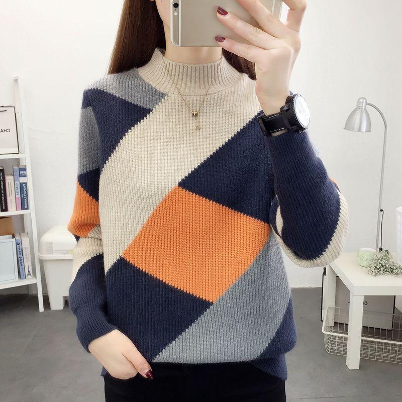 Women's Half Turtleneck Sweater Fall Winter Loose Knit Sweater Top Color-blocked Pullover Knit Jumper Outerwear