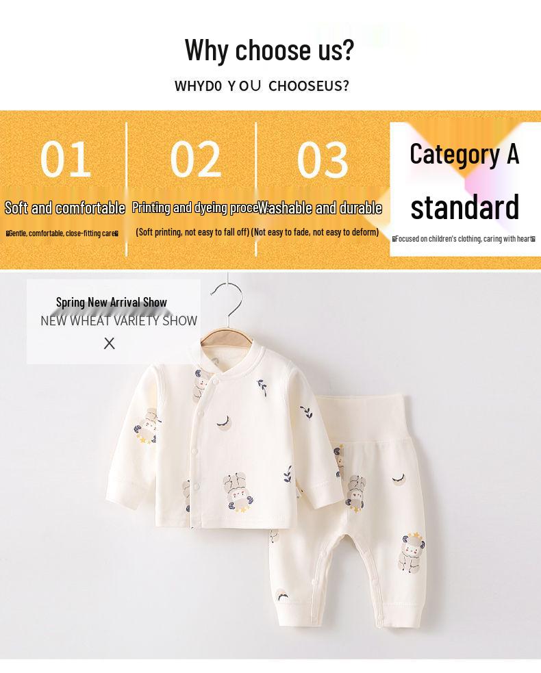 Spring & Autumn Pure Cotton Baby Underwear Set - High Waist Belly Protection Top & Trousers, Tagless for Newborns