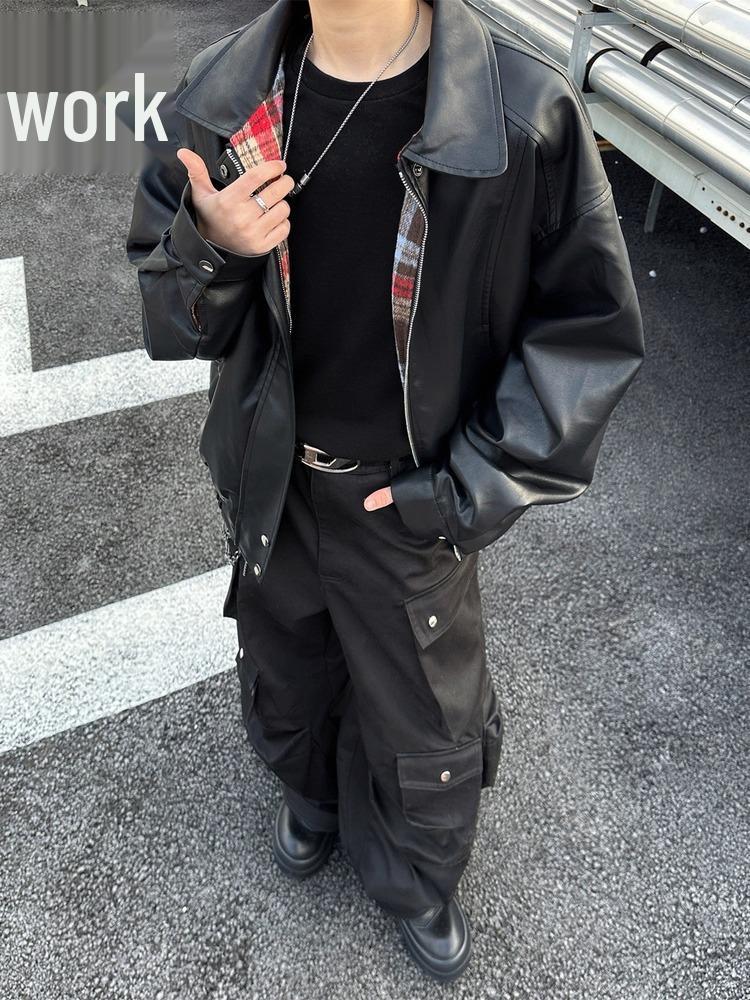 Men's Retro Loose Plaid Reversible PU Leather Jacket - Trendy American Spring/Autumn Outerwear