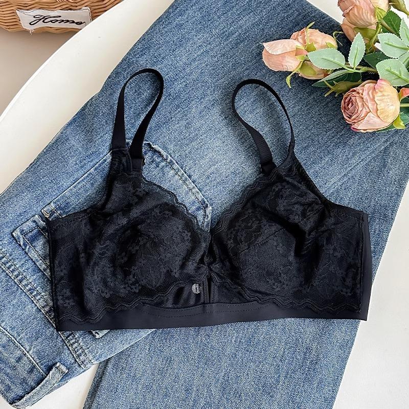 French Lace Crystal Cup Wireless Bra, Ultra Thin Minimizer Side Gathering Anti-Sag Bra for Full Bust Summer Women