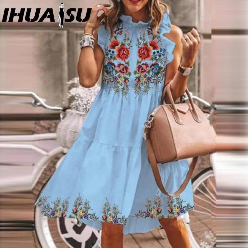 IHUASU Women Floral Print Dress Loose Streetwear Knee Length Sleeveless Ruffle Party Dress S-3XL
