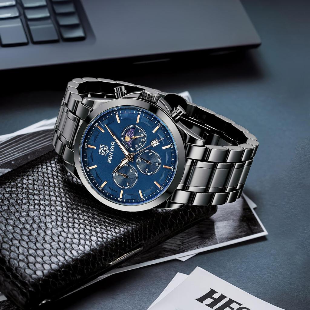 BENYAR Men's Leather Band Chronograph Watch Multi-Calendar Business Formal Waterproof Scratch-Resistant Silver and Blue