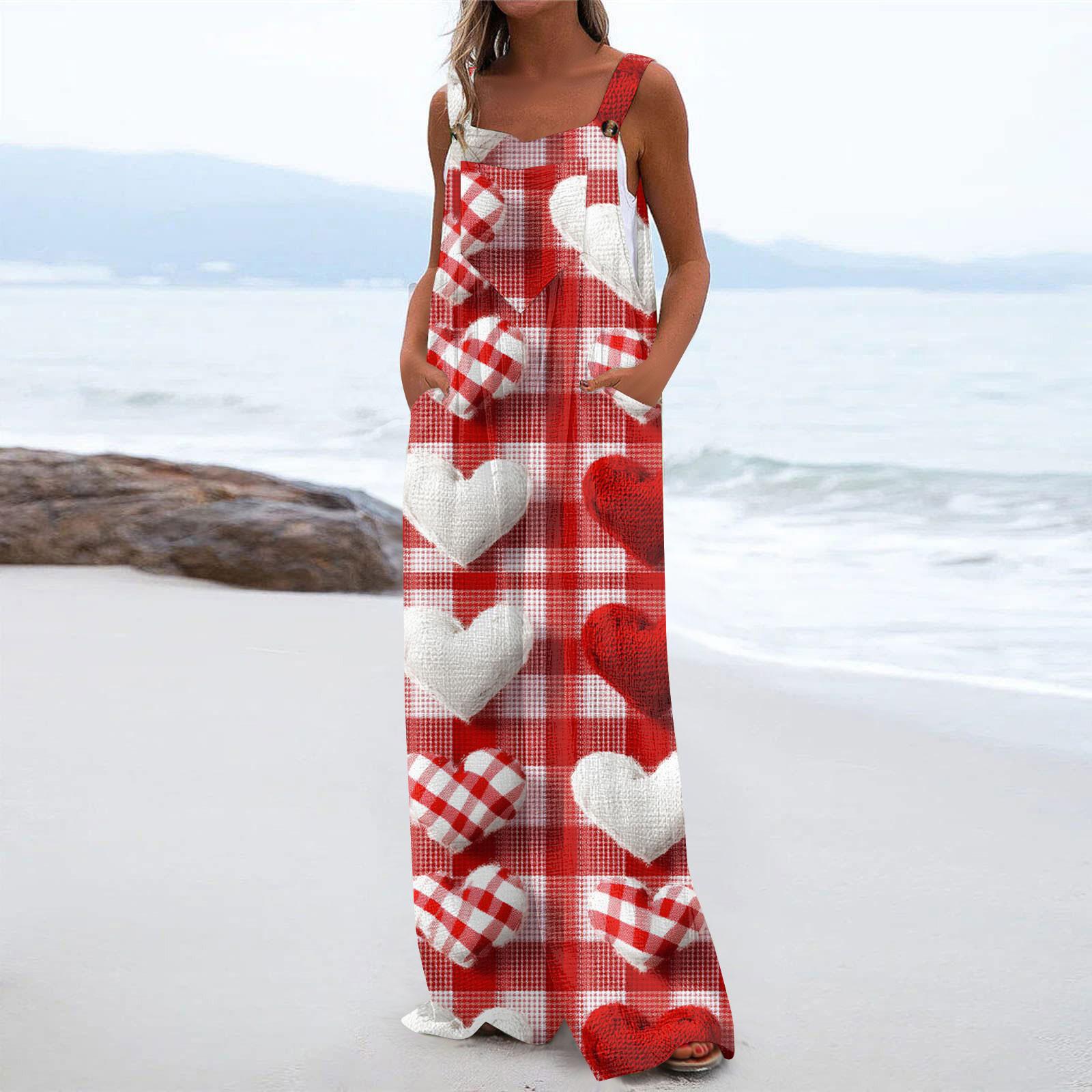 

Женский модный повседневный свободный комбинезон с карманами и принтом ко Дню святого Валентина M винный