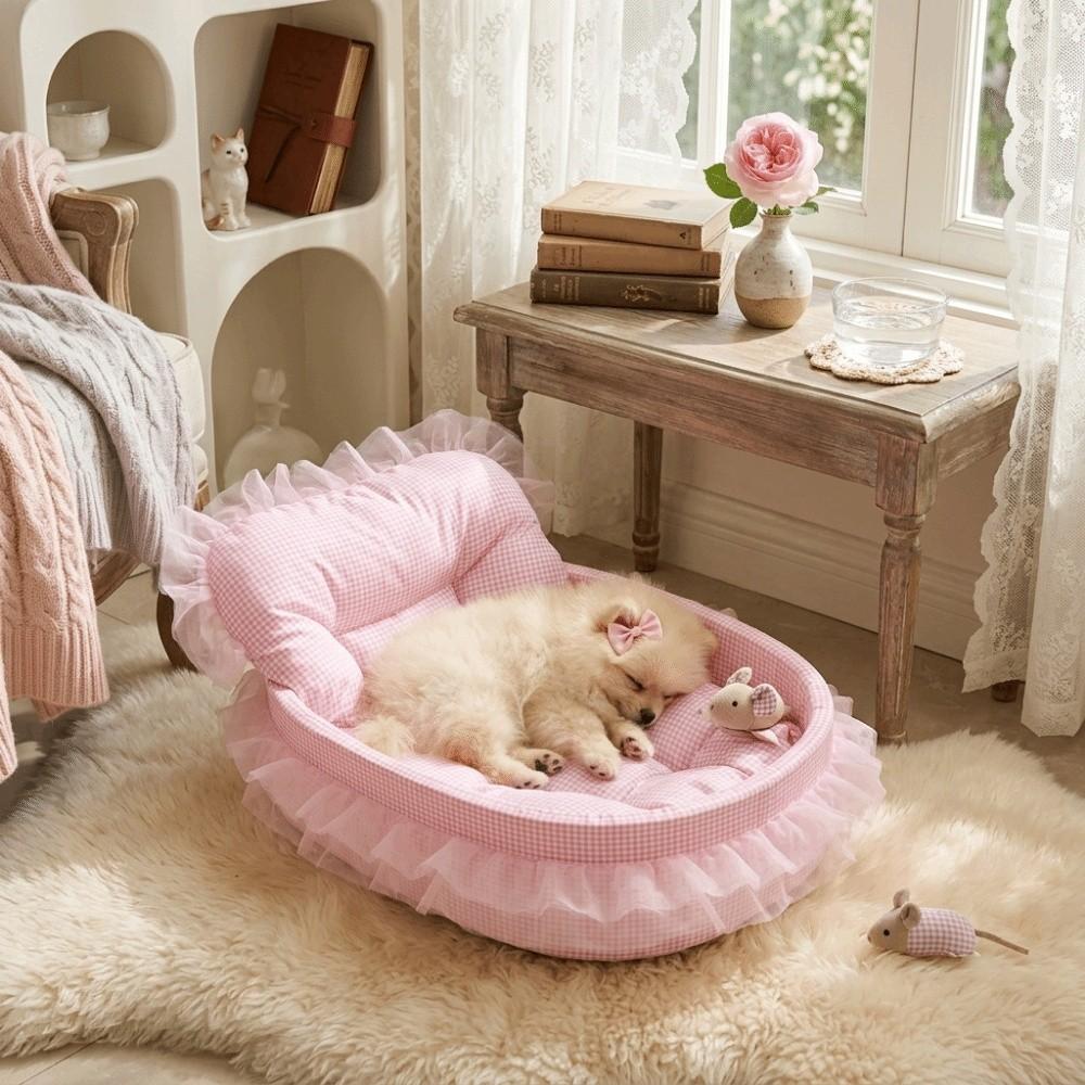 Lace-Trimmed Cat Nest Bed Removable Dog Bed Sweet Pet Princess Sofa Winter