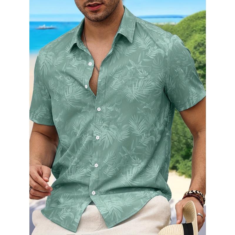 Camicia da Uomo a Maniche Corte con Bottoni e Stampa di Foglie di Palma Tropicali, Stile Casual Estivo, Lavabile in Lavatrice, Camicia Casual per la Spiaggia