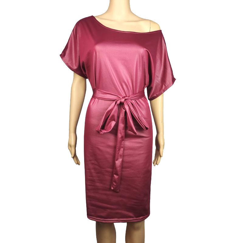 New Fashion Faux Leather Dress - Elastic Diagonal Neck & Batwing Short Sleeve