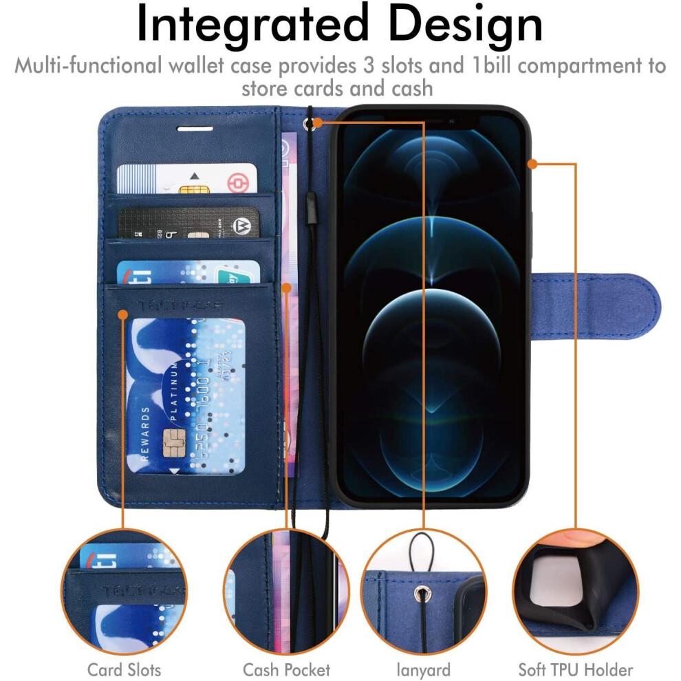 (Blue)  iPhone 12 Pro Max PU Leather Wallet Case, Flip Protective Case Cover with Wallet Card Holder, Stand and Wrist Strap with Magnetic Closure