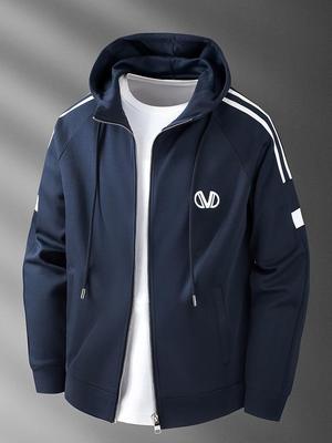 Men's High-End Casual Hooded Sweatshirt - Autumn/Winter Color Block Zipper Jacket with Embroidery