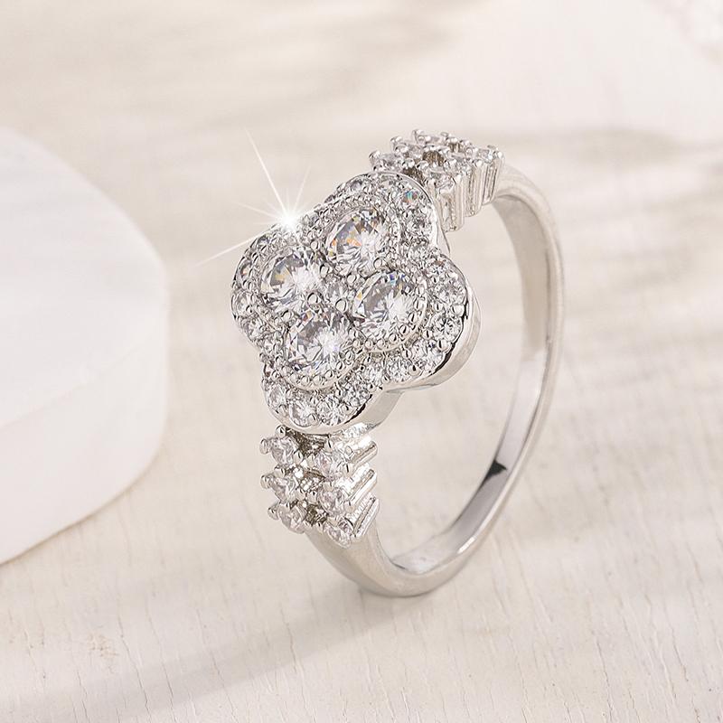 Classic 18k White Gold Plated Diamond Ring For Women S925 Silver Plated Engagement Wedding Four-Leaf Fine Jewelry
