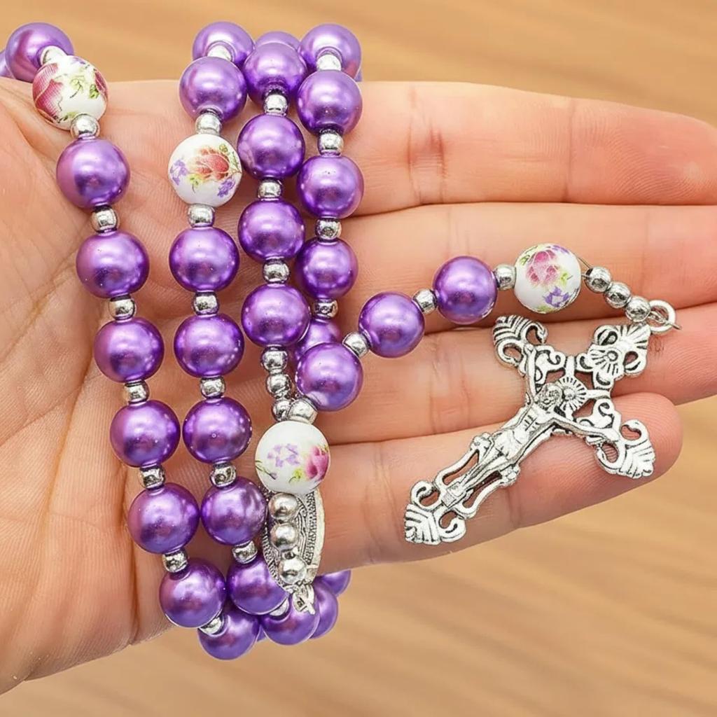 Nazareth Store Purple Pearl Bead Rosary FlowerMetal Necklace Beads Miracle Medal & Cross Rosary Unisex, 1.6" X 0.6" X 21.30", Zinc, No Gemstones.