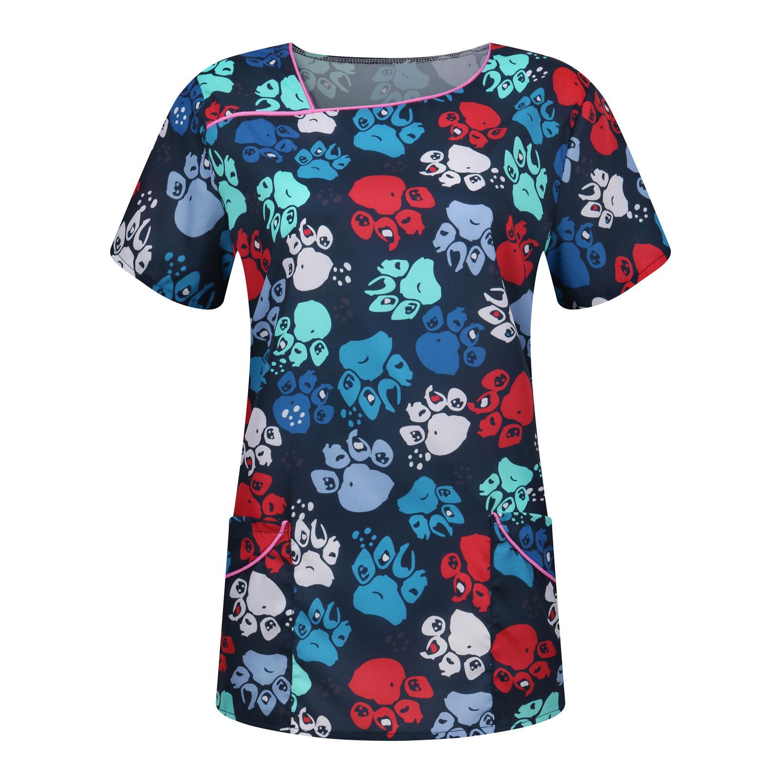 

Жіноча модна футболка з принтом і V-подібним вирізом, короткими рукавами та кишенями, одяг для медсестер XL червоний