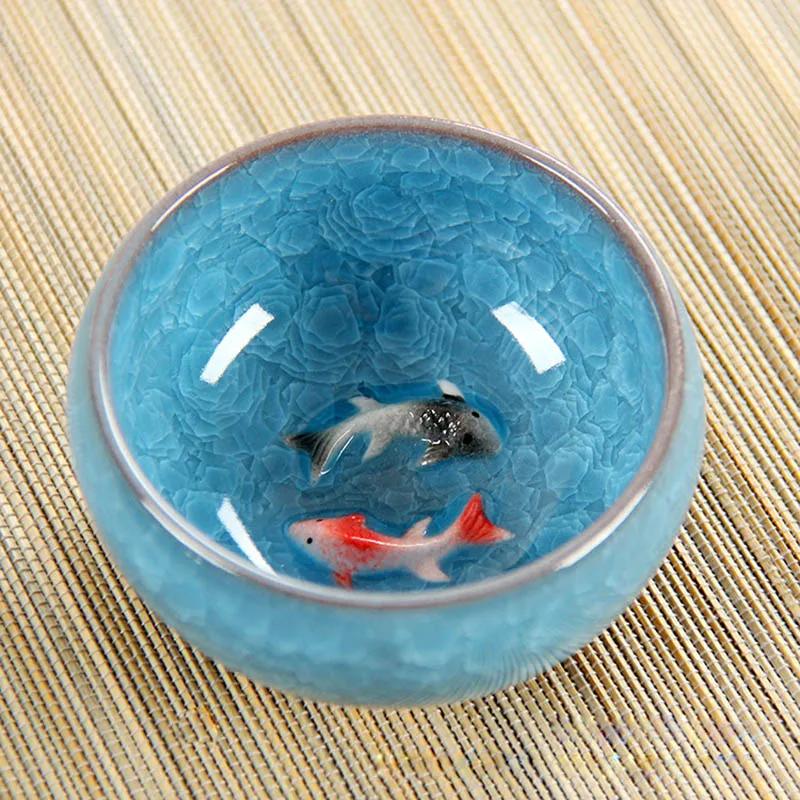 Chinese Porcelain Teacup Sets, Ceramic Double Fish China Tea Cup,Kung Fu TeaCup Set, Crackle Glaze, Travel Tea Bowl 200ml