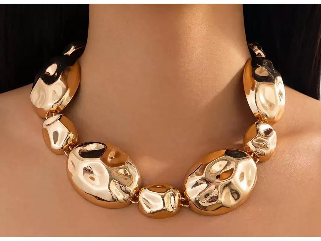 Trendy Clavicle Jewelry Set: Shiny Metal Pleated Earrings, Bracelet, Necklace & Pendant