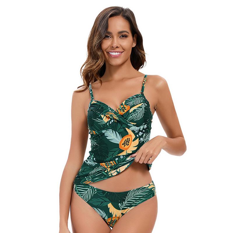 Floral Print Two Piece Swimsuit for Women Strappy V Neck High Waisted Nylon Bikini Set