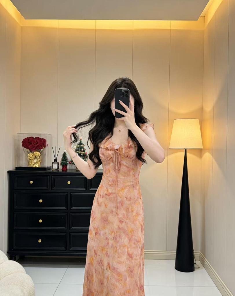 French Pink Ruffled Floral V-Neck Sleeveless Dress - Women's 2026 New Summer Collection