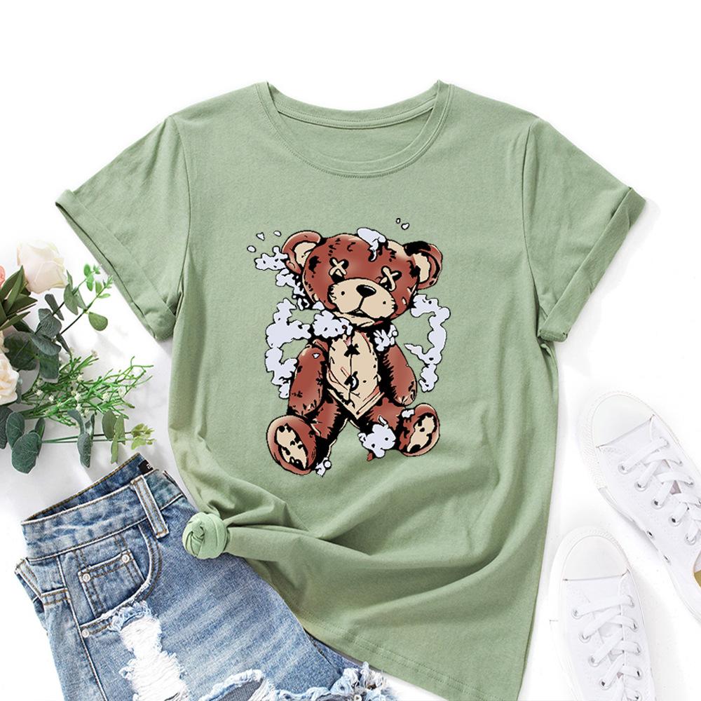 Cartoon Bear Cotton T-Shirt Short Sleeve Soft Tee Round Neck Women 2d Print Tops