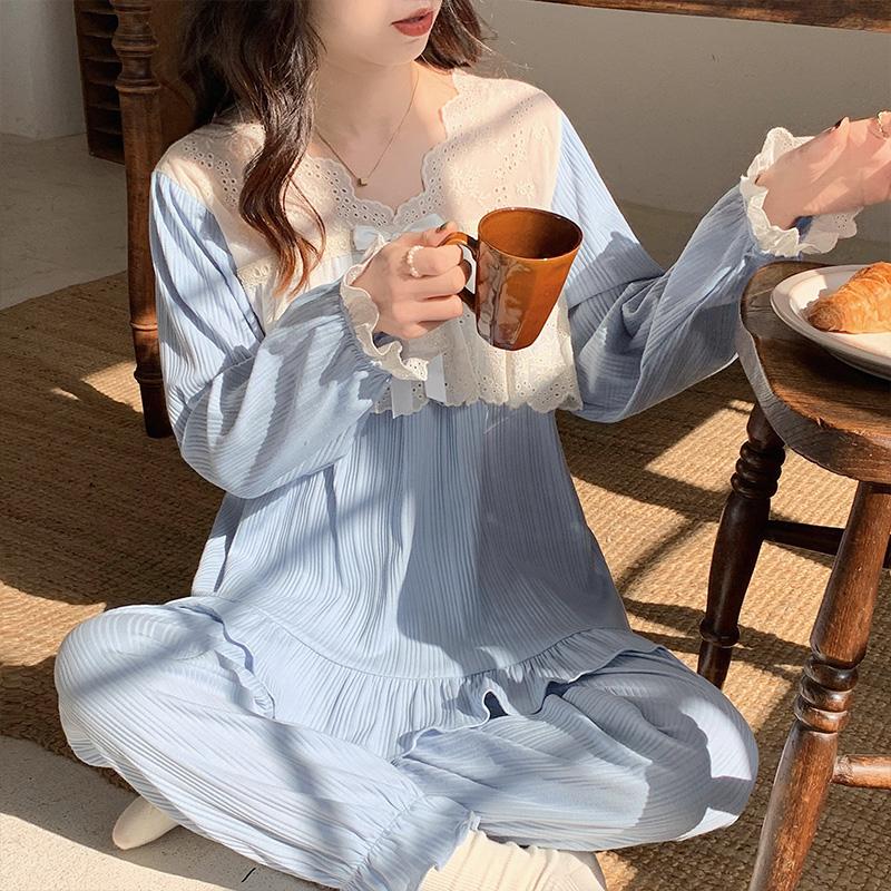 Korean Style Pure Cotton Pajamas Set Square Neck Long Sleeves Trousers Women Solid Color Kawaii Women's 2 Piece Pajamas Set Elegant