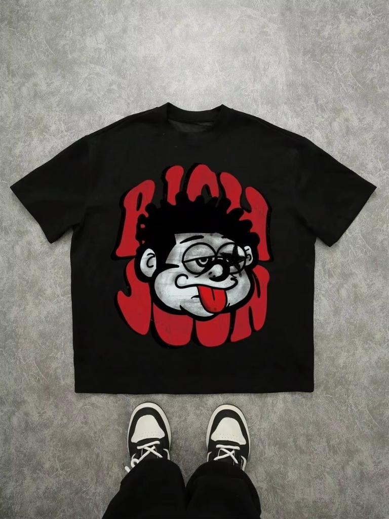 Pure Cotton Summer Street Tee Oversized Streetwear Vintage Funny Face Red Text Print Black Loose Drop Shoulder Graphic T-Shirt