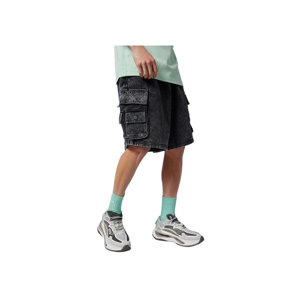 Li Ning Plain Logo Pocket Design Elastic Waist Straight Leg Shorts Men Shorts Denim-Blue AKSS075-1