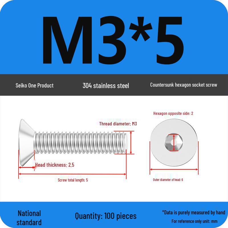 M2-M10 Stainless Steel Flat Head Machine Screws and Bolts Set, Countersunk Hex Socket Cap, 304 Grade.