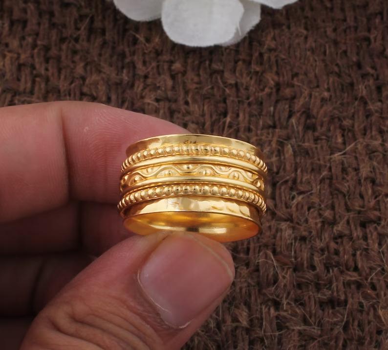 

Твердое серебро 925 пробы, дизайнерское кольцо ручной работы, серебряное кольцо, кольцо из желтого золота, кольцо-спиннер 10