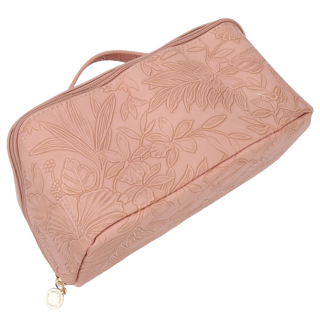 Make Up Cosmetic Bag PU Leather 180 Degree Opening Large Capacity Multi Functional Divider Flat Makeup Bag Pink