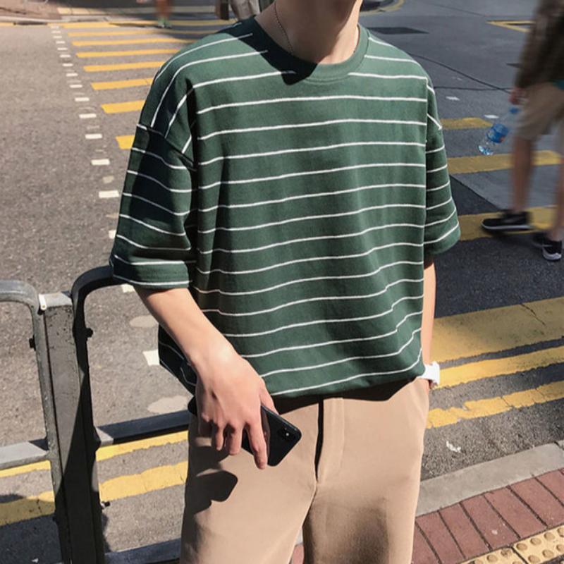 WTEMPO Brand Summer Men's Striped Short Sleeve Top Loose and Simple Fashion Short Sleeve T-shirt Youth Trend Round Neck Pullover Tops