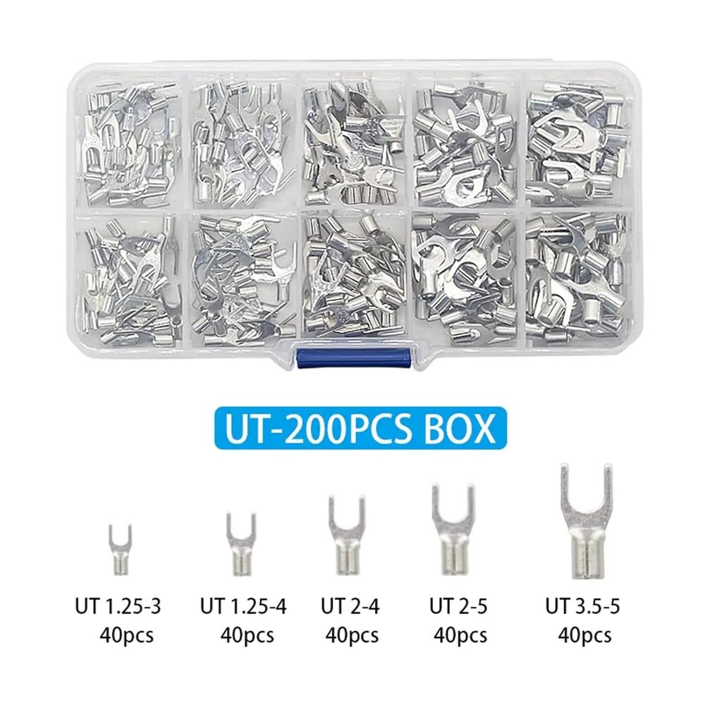 200/320Pcs 10 in 1 Terminals Non-Insulated Ring Fork U-Type Brass Terminals Assortment Kit Cable Wire Connector Crimp Spade