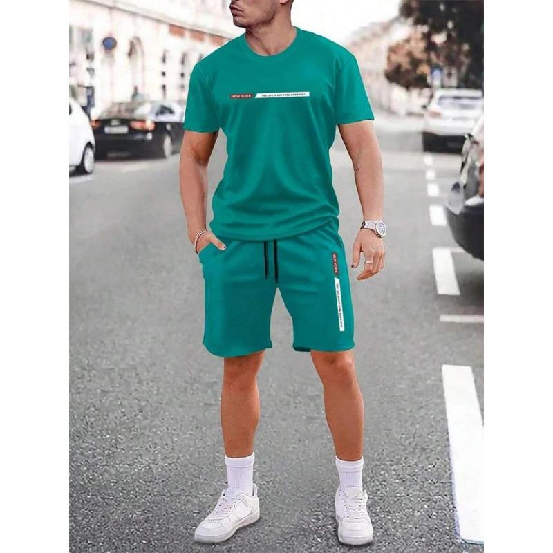 Hot selling summer American letter printed men's breathable round neck T-shirt shorts set outdoor street fashion two-piece set