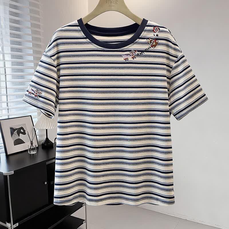 Women's Striped Round Neck Short Sleeve T-Shirt