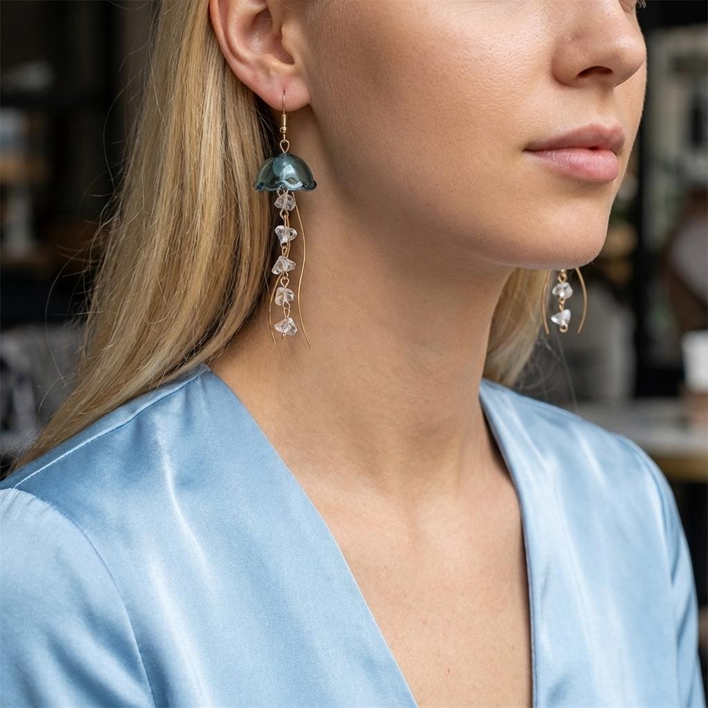 Dreamy Blue Jellyfish Tassel Charm Earrings for Women Handmade Crystal Long Pendant Earrings Summer Aesthetic Jewelry Gifts