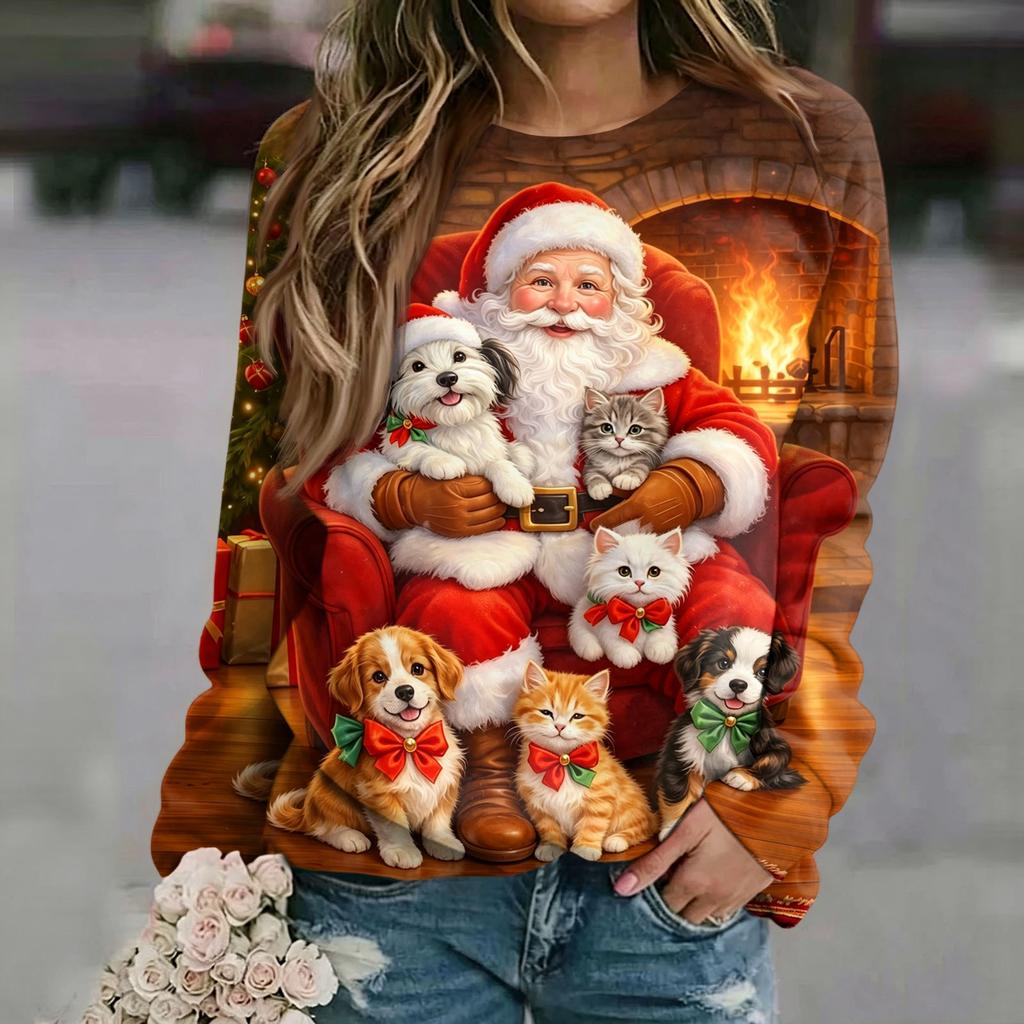 Women's Casual Christmas Print Neck Raglan Long Sleeve Pullover Sweatshirt