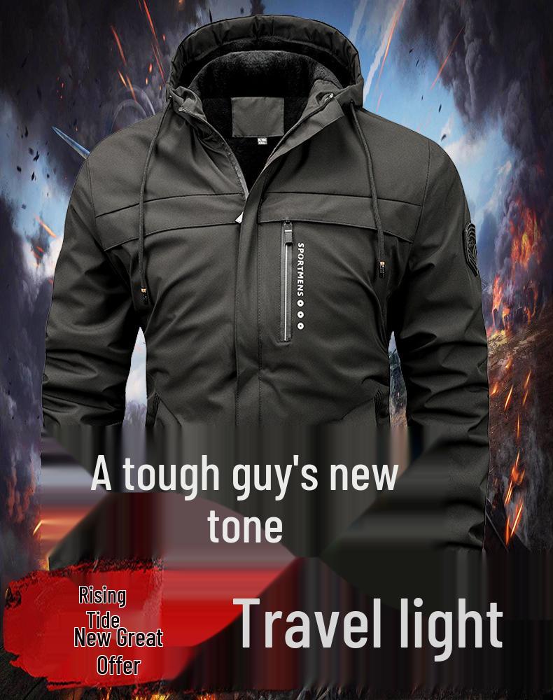 Winter Fleece-Lined Hooded Outdoor Men's Cotton Jacket: Casual & Thickened Design from Japan and South Korea.