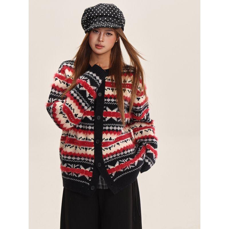 Shiyiyue Fair Isle New Year Cardigan Women's Autumn and Winter Lazy Style Loose Coat Round Neck Casual Knitted Sweater