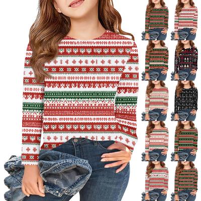 Weihnachtstag Mädchen Langarm T-Shirts Kinder Herbst Oberteile Rundhalsausschnitt Bedruckte Basic T-Shirts